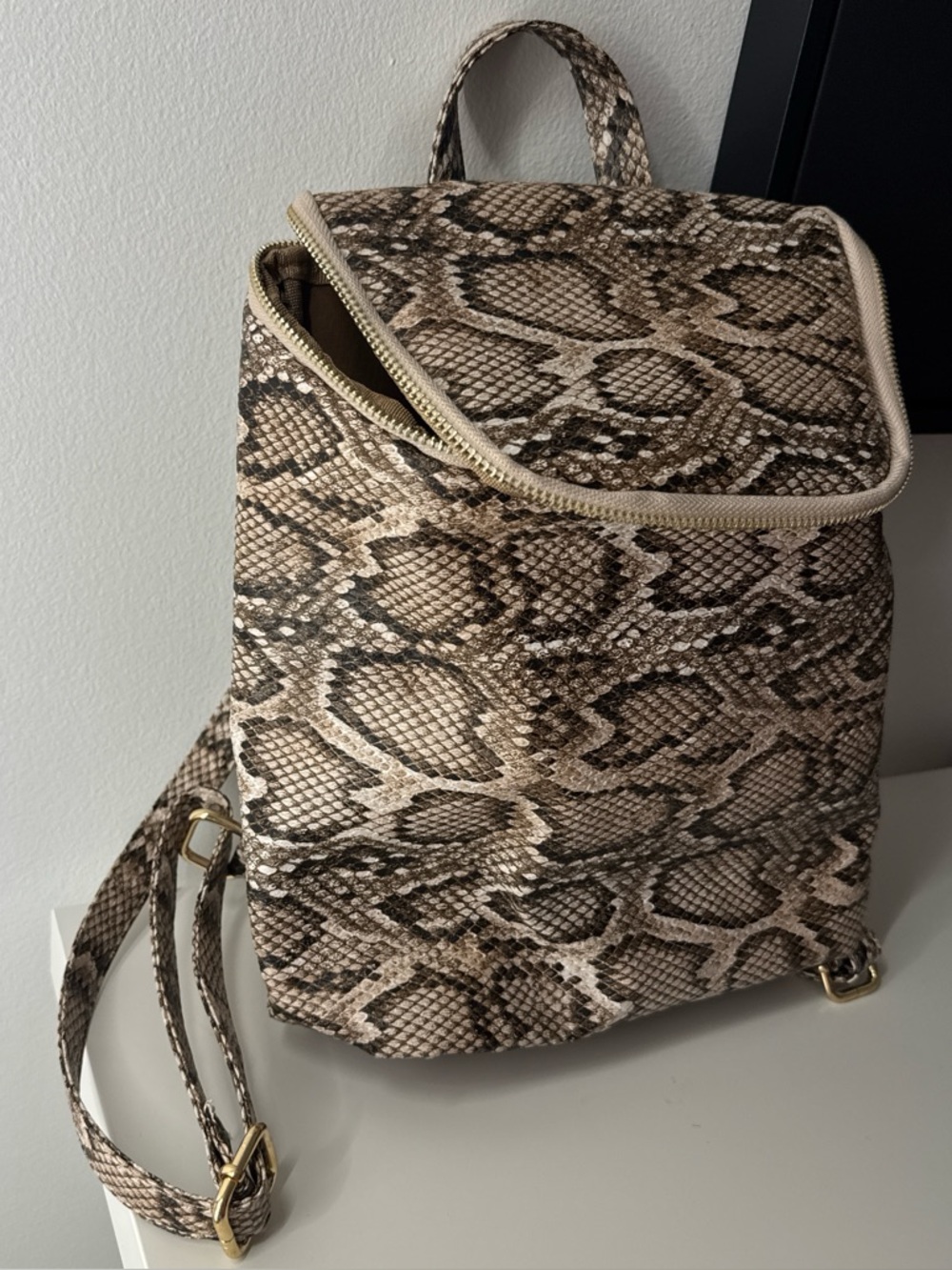 Snake-Print Backpack Purse - Neutral Brown